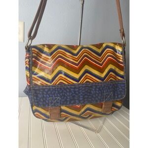 Fossil Key-Per Chevron Zigzag Coated Canvas Crossbody Bag Blue Brown Floral Trim